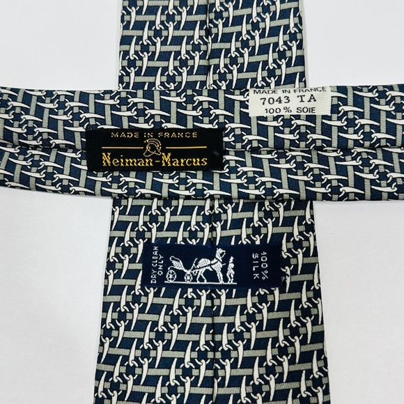 HERMES Tie Necktie Silk Handmade Tusk Chain Link Pattern 7043Dark Blue Beige - Picture 4 of 6